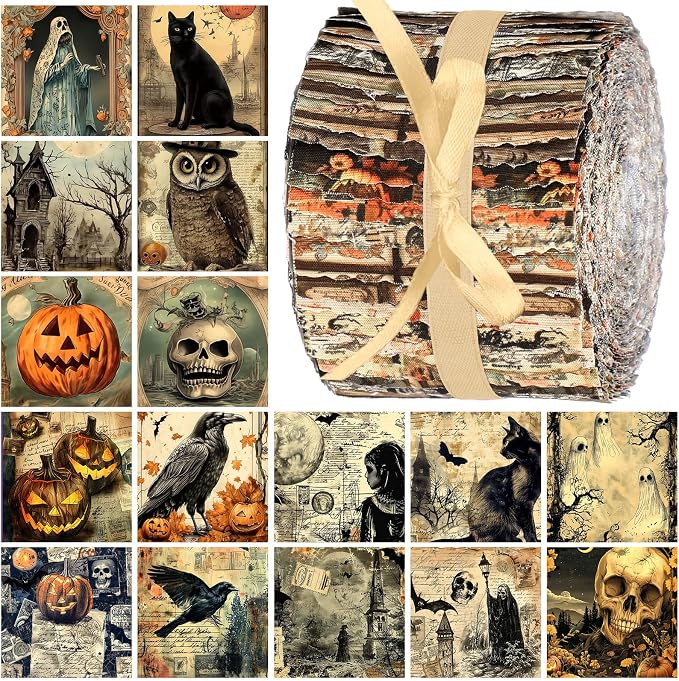 Hosuly 40 Pcs Vintage Halloween Fabric Gothic Fabric Skull Pumpkin Ghost Crow by Hosuly