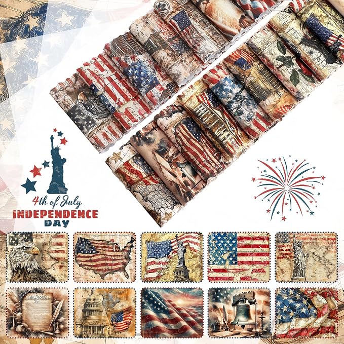 Hosuly 40 Pcs Vintage Patriotic Quilting Fabric Roll Red White Blue Americana - Image 6
