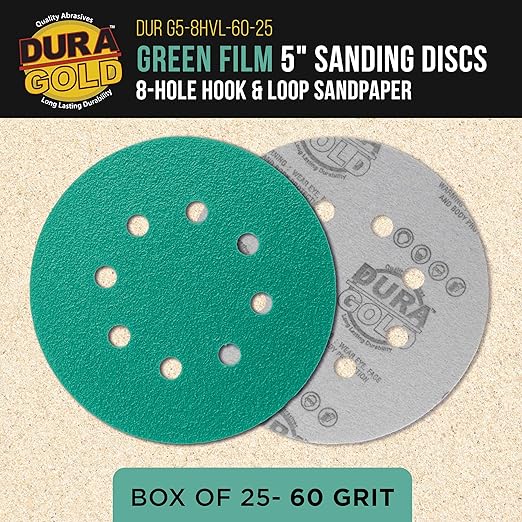 Dura-Gold Premium 60 Grit 5" Green Film Sanding Discs, 8-Hole Pattern, Box of 25 - Dustless Hook & Loop Backing Sandpaper for DA & Random Orbital Sanders, Sand Automotive Paint Woodworking Furniture