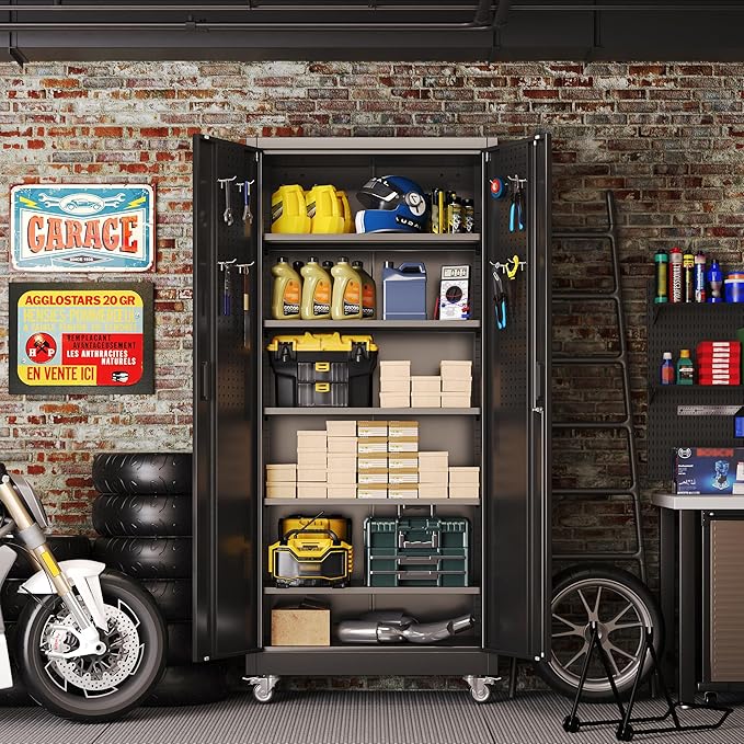 Metal Garage Storage Cabinet with Pegboard, 71''H*32" W*16" D Rolling Tool Cabinets on Wheels with 5 Adjustable Shelves for Garage Home Warehouse Utility Room, Assembly Required,Black