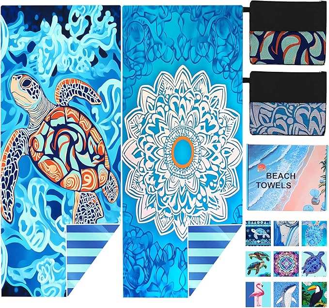 2 Pack Microfiber Beach Towel Oversized 71"x32" Sand Free Quick Dry Absorbent Lightweight Thin , Compact Towels for Travel Swimming Pool Yoga Gym Camping Beach Accessories Vacation Essentials Gift