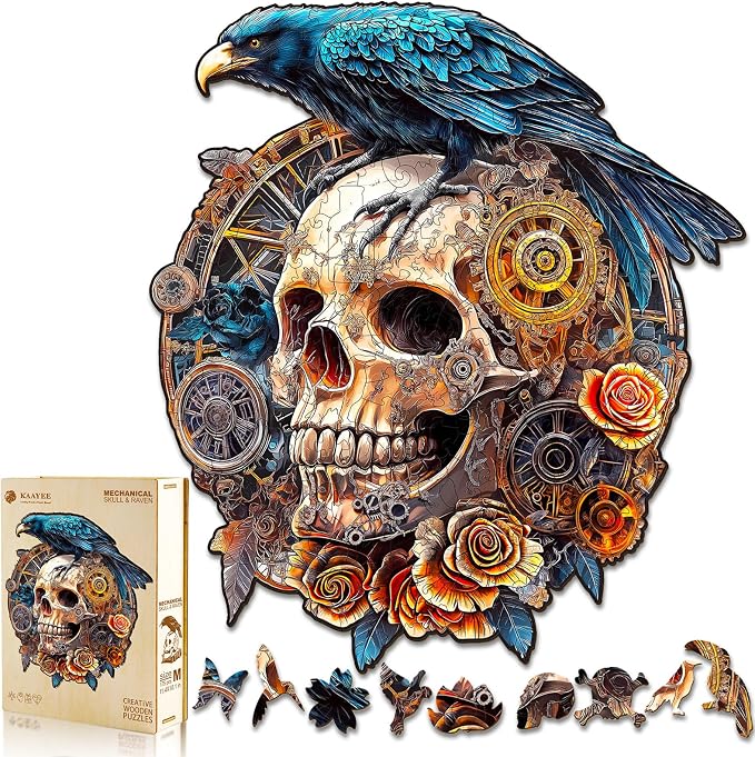 KAAYEE Wooden Puzzles for Adults, Raven & Mechanical Skull Wooden Jigsaw Puzzle by KAAYEEDirect