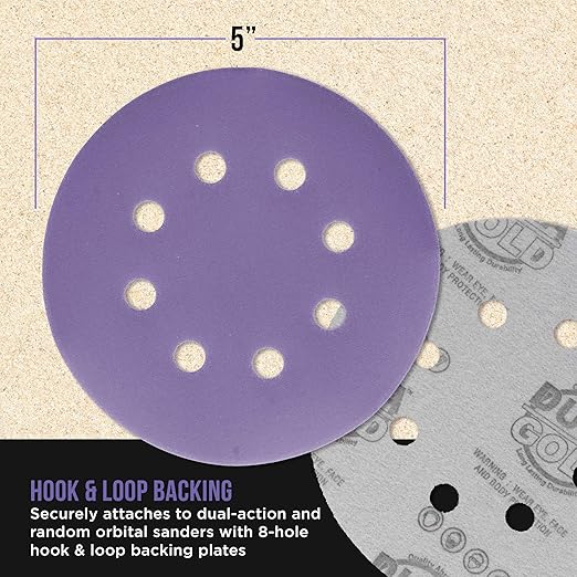 Dura-Gold Premium 600 Grit 5" Purple Film Ceramic Sanding Discs, 8-Hole Pattern, Box of 50 - Dustless Hook & Loop Backing Sandpaper for DA & Random Orbital Sanders - Sand Auto Paint, Wood, Woodworking
