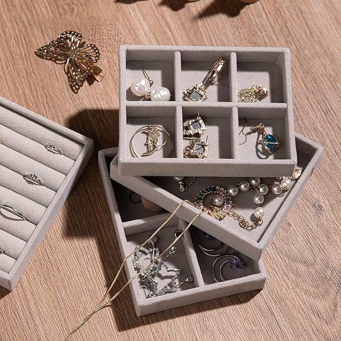 Frebeauty Small Jewelry Tray Set,Velvet Ring Organizer,Stackable Jewelry Organizer Tray,Mini Jewelry Drawer Organizer,4.92 x 3.74 x 0.9 Inches,7 Slots Ring Tray for Women(Set 2,Beige)