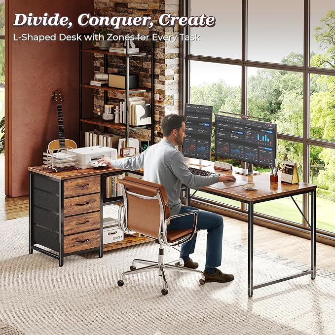 PRAISUN 61" L Shaped Desk with Power Outlets & USB-C Port, Reversible Computer - Image 2