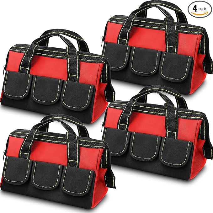4 Pieces Tool Bag with Waterproof Strong Molded Base Multi Pockets Wide Mouth Tool Tote Multifunctional Tool Bag Large Capacity Organizer Heavy Duty Tool Storage Bag (Red,13 Inch)