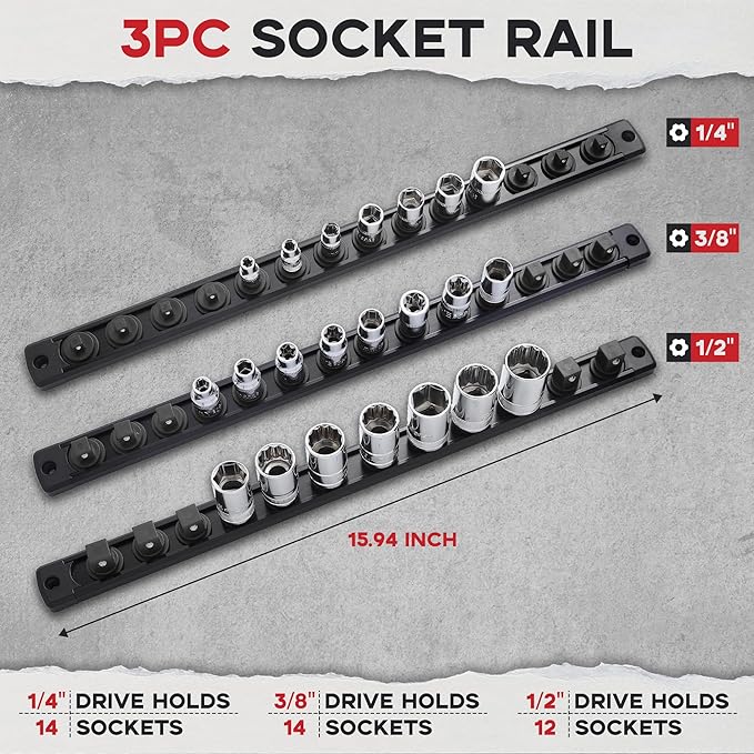 3-Piece Magnetic Socket Organizer, Heavy Duty Aluminum Socket Rails Organizer, 360° Swivel Clips Socket Holder Kit for Tool Box, 1/2, 3/8, 1/4-Inch Socket Holder x 40 Clips (Black)