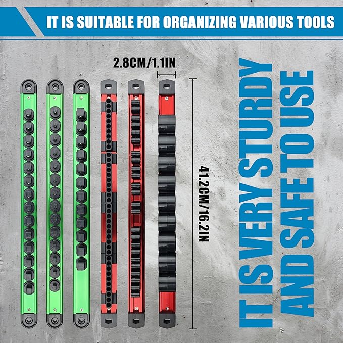 6-Piece Magnetic Socket Organizer Set, Holds Screwdrivers, Wrenches & Sockets, Rail System with Removable End Caps, for 1/4, 3/8, 1/2 Inch Drive Sockets, Tool Organization (Green & Red)
