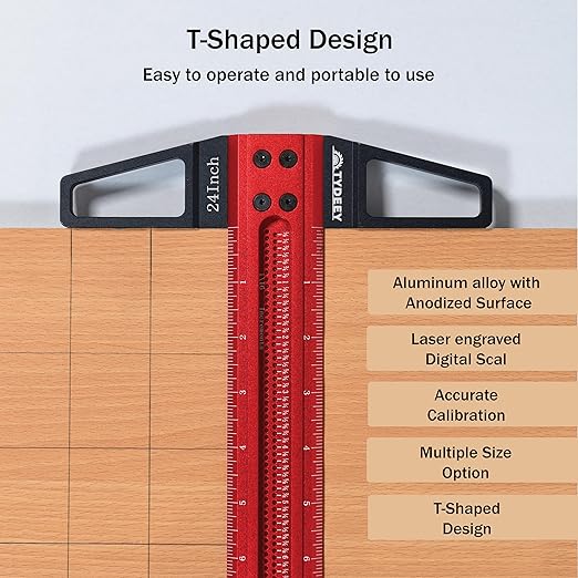 TYDEEY 12, 24, 31, 39 in Ultra-Precision Woodworking Scriber T-Square Ruler 24 in Measuring and Layout Tool, T Type Wood Aluminum Square Rulers for Architect and Carpenter Work