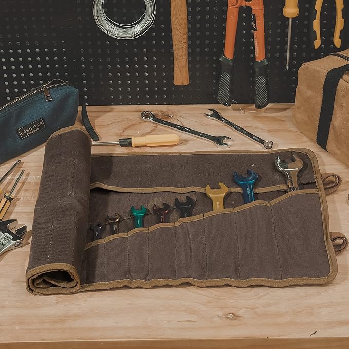Denifiter Wrench Roll Up Pouch, Heavy Duty Waxed Canvas Tool Bag Tool Organizer Bag With 20+4 Pockets (Brown)