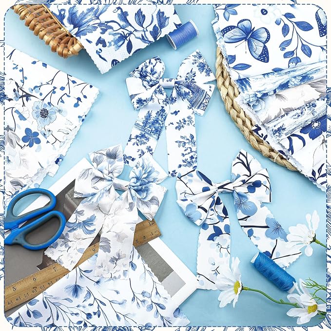 HunnmingRe 20 Pcs 10''x10'' Blue White Flower Quilting Fabric Square - Image 4