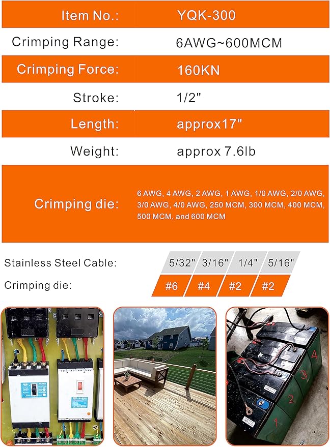AMZCNC 16 Ton Hydraulic Wire Crimper Battery Cable Lug Terminal Crimping Tool WIth Standard US cable Dies,Crimps 6 AWG to 600 MCM, Cable Crimping Tool with 13 Pairs of Standard US cable Dies