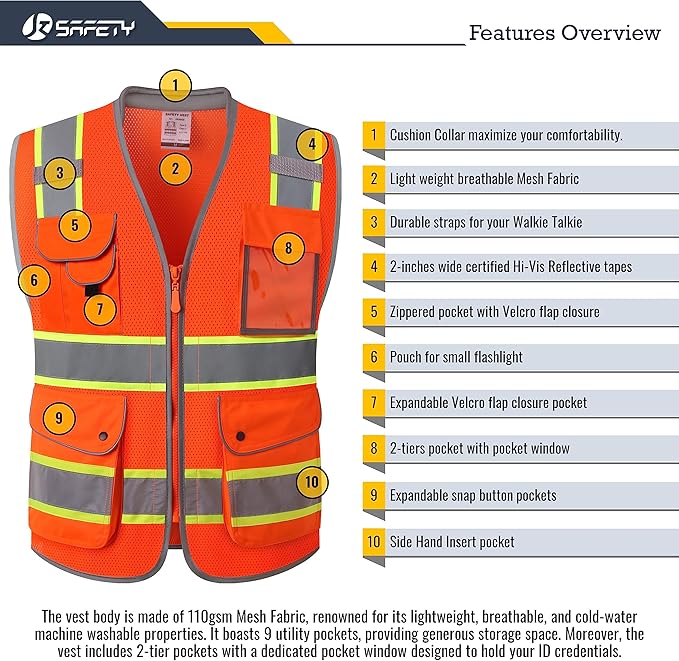 JKSafety 9 Pockets Hi-Vis Safety Vest Breathable Mesh Fabric Cushioned Collar Work Utility PPE Lightweight Industrial Work Gear ANSI/ISEA compliant (101-Orange 3XL)