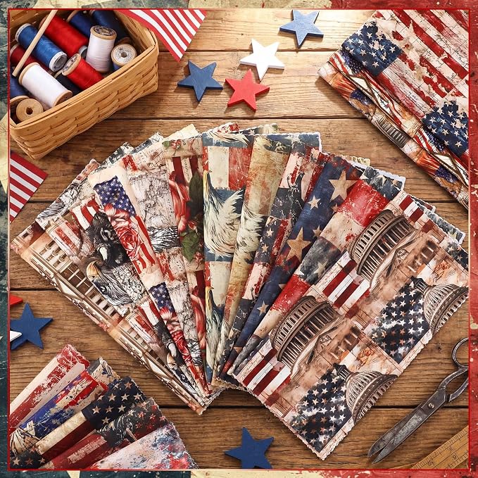 HunnmingRe 20 Pcs 10x10'' Vintage Patriotic Quilting Fabric Square Red White - Image 4