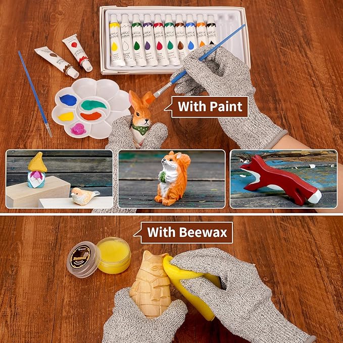 Wood Carving Kit, 50Pcs Wood Carving Tools with 4 Style Templates & 2 Finish Supplies, Wood Whittling Kit with 3 Style Knives & 6pcs Basswood Blocks for DIY and Carving Beginners