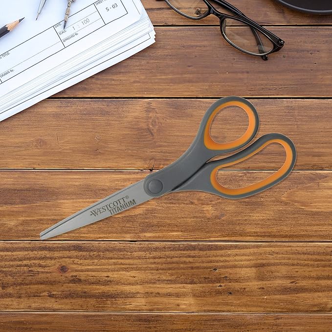 Westcott 8-Inch Titanium Bonded Straight Scissors, Soft Handle, Gray/Yellow, 4-Pack