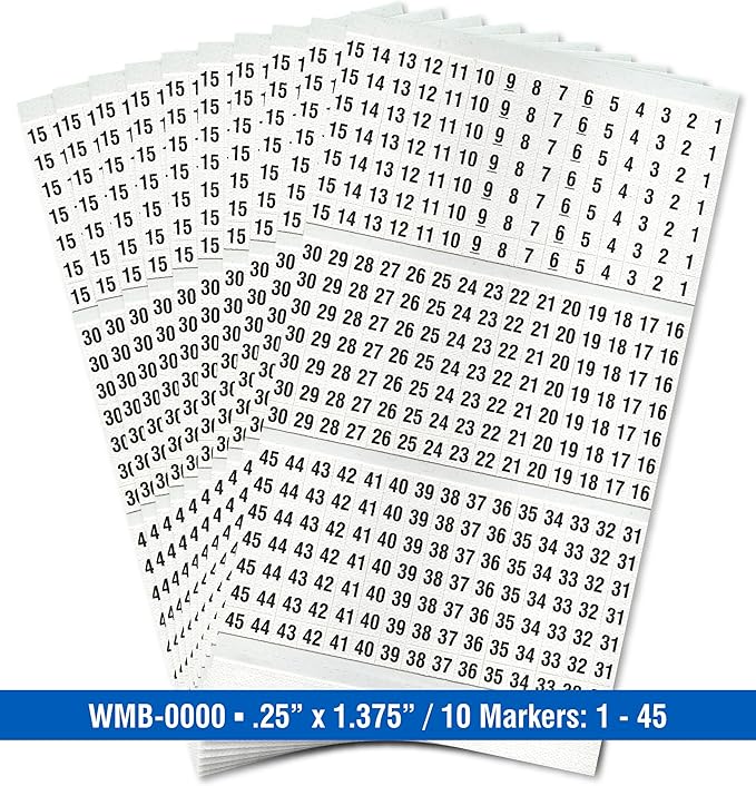 Premium Wire Marker Book for Cable Management, Vinyl-Coated, High-Tack Adhesive, Electric Panel Wire Label Stickers - 10 Pages, 1 Book, Numbered 1-45 (Pack of 10)