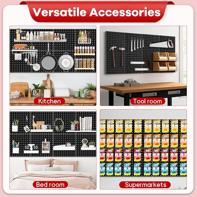 Pegboard Panels 8 Packs Metal Black, Heavy Duty Steel Peg Boards Wall Tool Organizer with Screw for Garage, Tool Storage, Office Organization, Craft Room, Kitchen