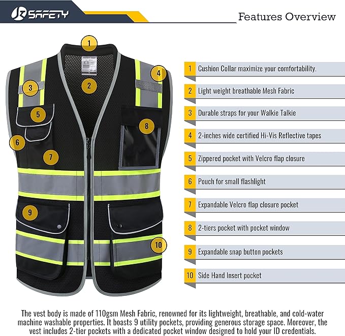 JKSafety 9 Pockets Hi-Vis Black Safety Vest for Men Women High Visibility Reflective Construction Mesh Fabric Cushioned Collar Work Utility PPE Work Gear ANSI/ISEA compliant (101-Black 3XL)