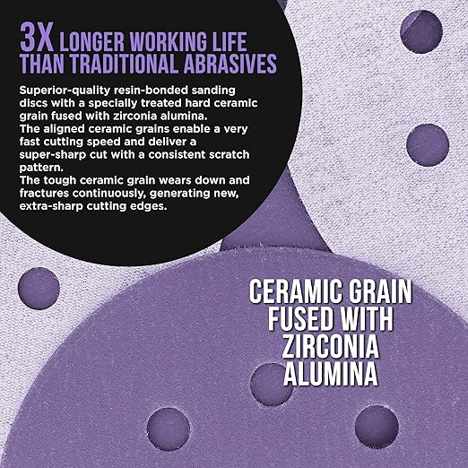 Dura-Gold Premium 320 Grit 5" Purple Film Ceramic Sanding Discs, 8-Hole Pattern, Box of 50 - Dustless Hook & Loop Backing Sandpaper for DA & Random Orbital Sanders - Sand Auto Paint, Wood, Woodworking