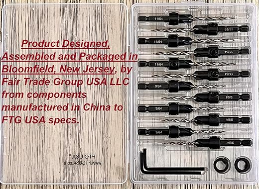 FTG USA 6 Pc #6 (9/64"), 6 Pc #8 (11/64") Countersink Drill Bit Set with Depth Stop Collar, Hex Wrench - Tapered Drill Bits for Wood