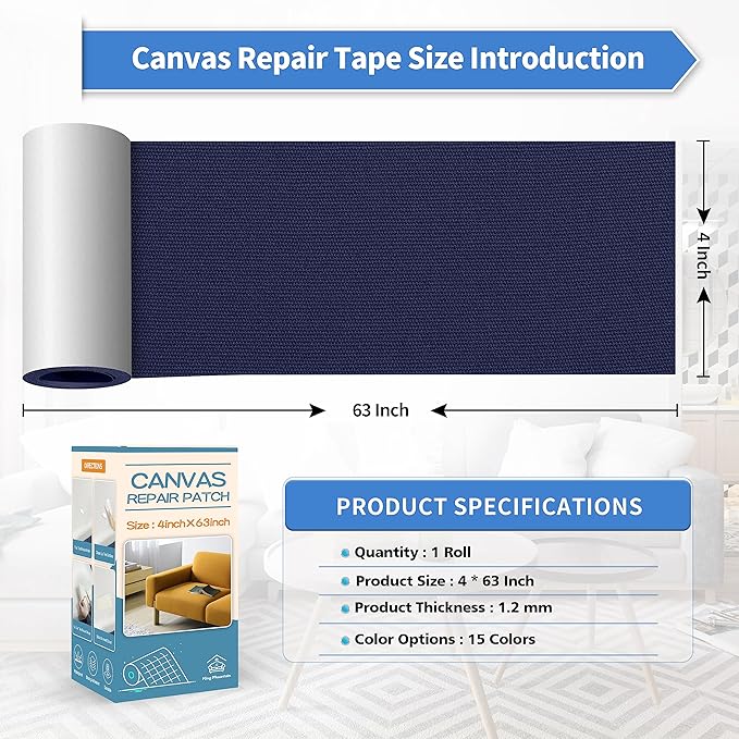 KING MOUNTAIN Canvas Repair Tape,Outdoor Gear Patch, 4×63 Inches,Waterproof,Self-Adhesive for Repairing Boat Covers,Sun Shades,Sofas,Tents,Lounge Chairs,Awnings (Dark Blue)
