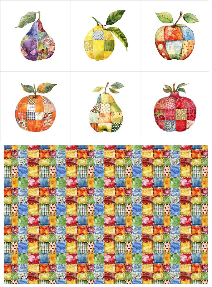 Fruit Patchwork Cotton Fabric Panel – 6 Fruit Designs + Bonus Patchwork Sheet by FabricsTown
