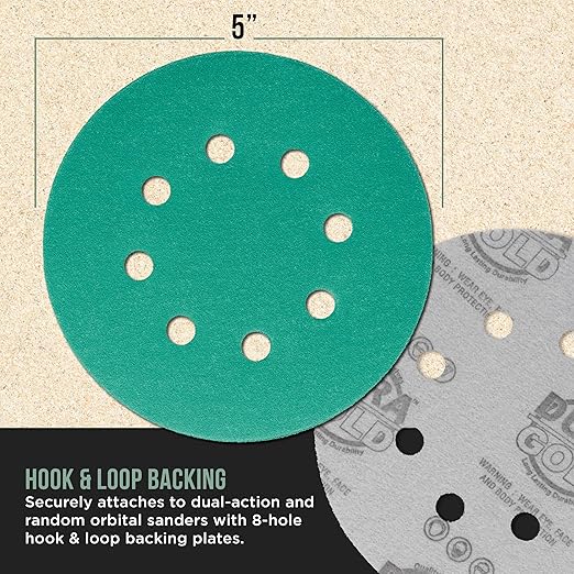 Dura-Gold Premium 120 Grit 5" Green Film Sanding Discs, 8-Hole Pattern, Box of 50 - Dustless Hook & Loop Backing Sandpaper for DA & Random Orbital Sanders, Sand Automotive Paint Woodworking Furniture