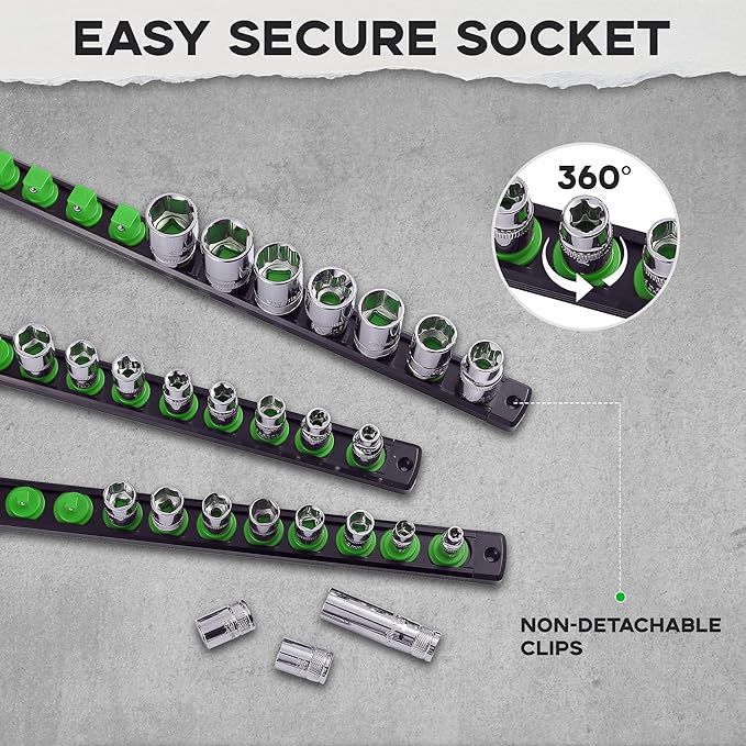 1/2-Inch Drive Magnetic Socket Organizer, Heavy Duty Aluminum Socket Rail Organizer, 360° Swivel Clips Socket Holder Kit for Tool Box, 1/2-Inch Socket Holder x 12 Clips (Green)
