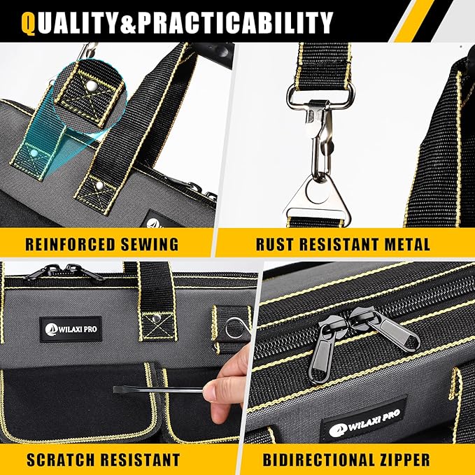 17 in Tool Bag For Men with Waterproof Molded Base, High Capacity Wide Mouth Tote, Construction Worker Electricians Tool Bags, Large Tool Bag Organizer for Men Women (GREY)