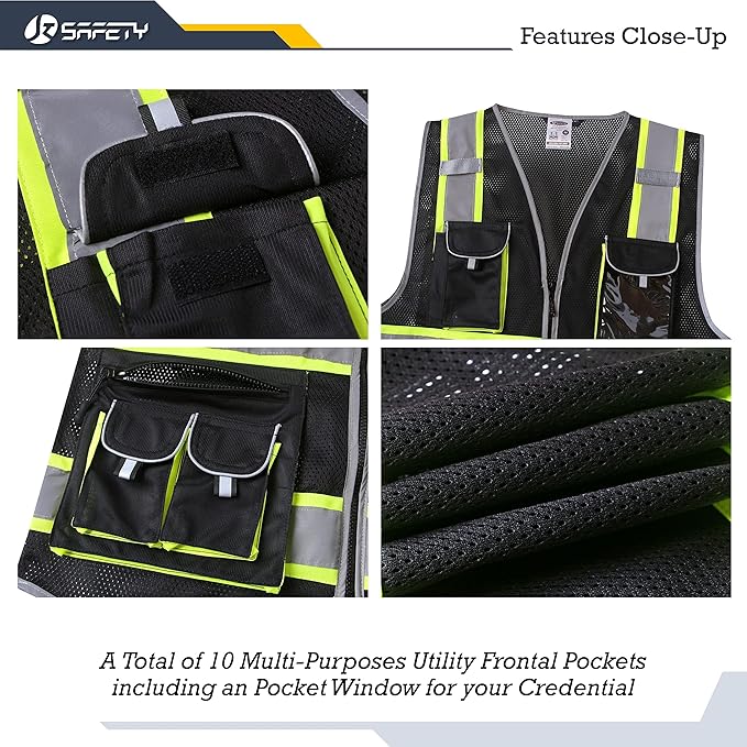 JKSafety 10 Pockets Hi-Vis Neon Color Frontal Zipper Mesh Safety Vest for Men Women Safety Utility for works Comply to ANSI/ISEA Standards (86-Black XL)