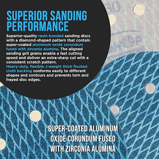 Premium 80 Grit 6" Rhombus Diamond Shape Blue Sanding Discs, 6-Hole, Box of 50 - Hook & Loop Anti-Clogging J-Cloth Dustless Sandpaper for Random Orbital Sanders, Sand Auto Paint, Wood
