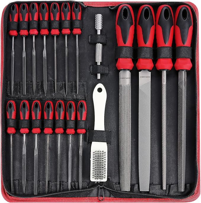57Pcs Metal & Wood File Rasp Set,Grade T12 Forged Alloy Steel, Half-round/Round/Triangle/Flat 4pcs Large Tools, 14pcs Needle Files and a pair of Electric Files, a brush and 36pcs emery papers