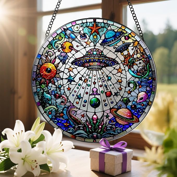 Stained Glass Window Hanging, LAOWEIKI 8'' UFO&Alien Suncatcher, Stained Glass - Image 6