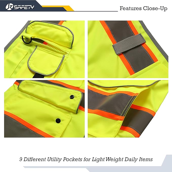 JKSafety 9 Pockets Hi-Vis Neon Yellow Color Zipper Front Safety Vest with Fluorescent Orange Extend Edge outlining the Reflective Tapes Meet ANSI/ISEA Class 2 Standard (901-Yellow, 5XL)