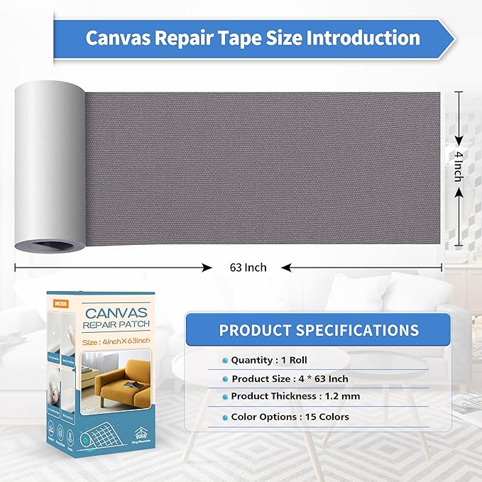 KING MOUNTAIN Canvas Repair Tape,Outdoor Gear Patch, 4×63 Inches,Waterproof,Self-Adhesive for Repairing Boat Covers,Sun Shades,Sofas,Tents,Lounge Chairs,Awnings (Grey)