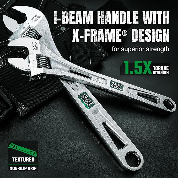 SK 10-Inch Adjustable Wrench, 1-1/4" Jaw Capacity, Cr-V Steel, SAE&Metric Scales