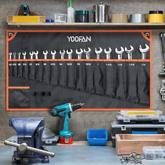 YOOFAN Wrench Roll Up Pouch – Wrench Organizer Bag with Handle, Wrench Holder for Hanging (17+1 SAE)