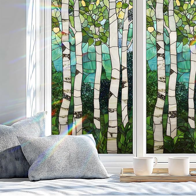 Stained Glass Window Privacy Film: Non-Adhesive Sun and Landscape Mosaic Design - Image 4