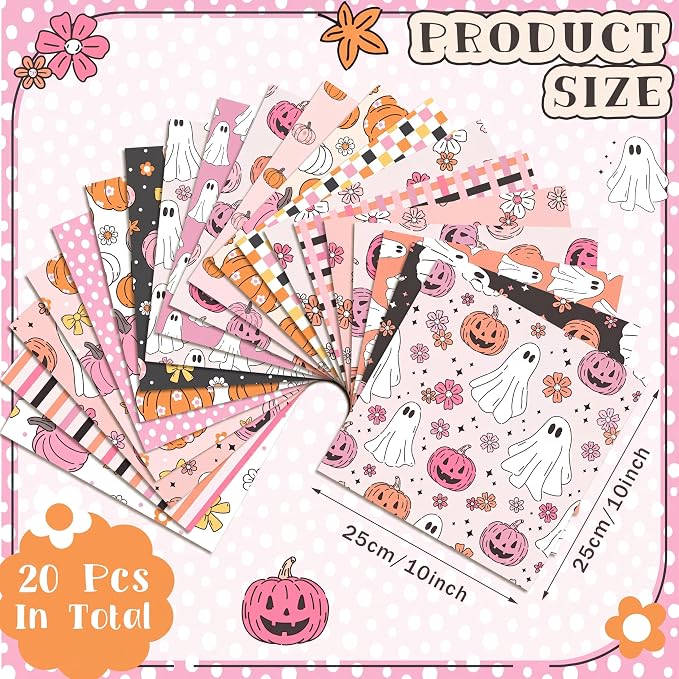 HunnmingRe 20 Pcs 10''x10'' Pink Halloween Quilting Fabric Square Pink Spooky - Image 2