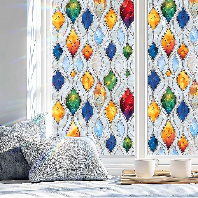 Stained Glass Window Privacy Film: Non-Adhesive Sun and Landscape Mosaic Design - Image 4