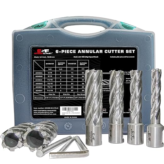 S&F STEAD & FAST Annular Cutter Set 6 Pcs, Depth of Cut 2”, Cutting Diameter 7/16 to 1-1/16 Inch, Weldon Shank 3/4”, HSS Mag Drill Bits Kit for Magnetic Drill Press with Pilot Pin x 2