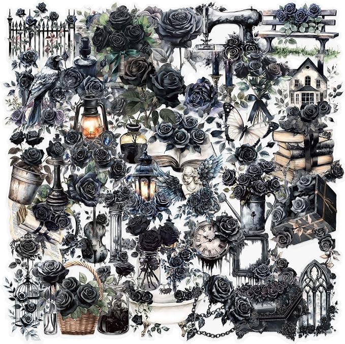 50-Piece Gothic Black Rose Stickers by YOKSAS