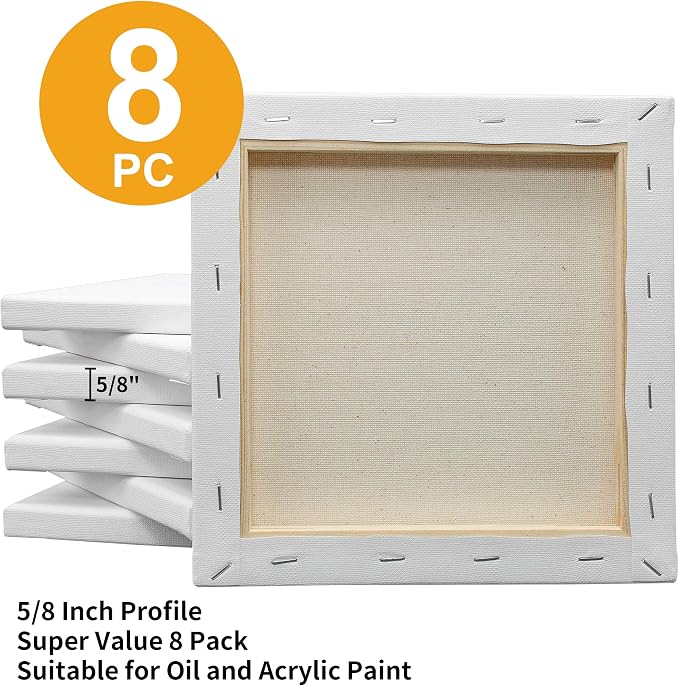 FIXSMITH Stretched White Blank Canvas- 8x8 Inch, 8 Pack, 100% Cotton, 5/8 Inch - Image 3