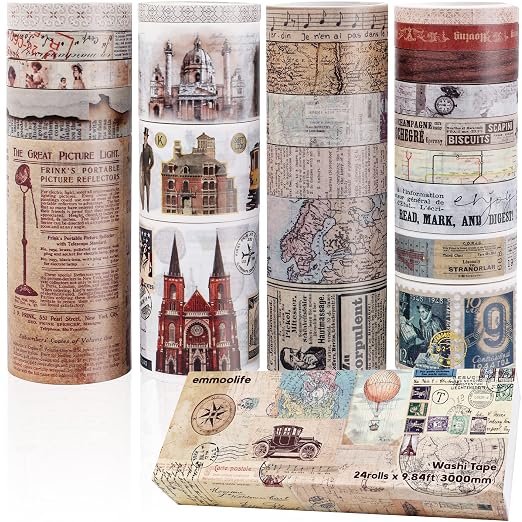 24 Rolls Vintage Washi Tape Set, Antique Car Buildings Map Stamp Stripe - Image 2
