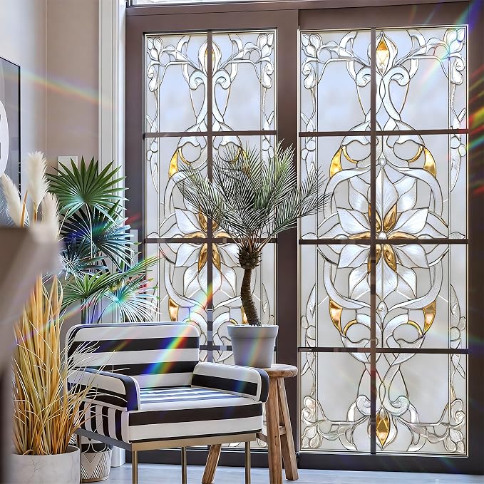 Stained Glass Window Privacy Film: Non-Adhesive Sun and Landscape Mosaic Design - Image 3
