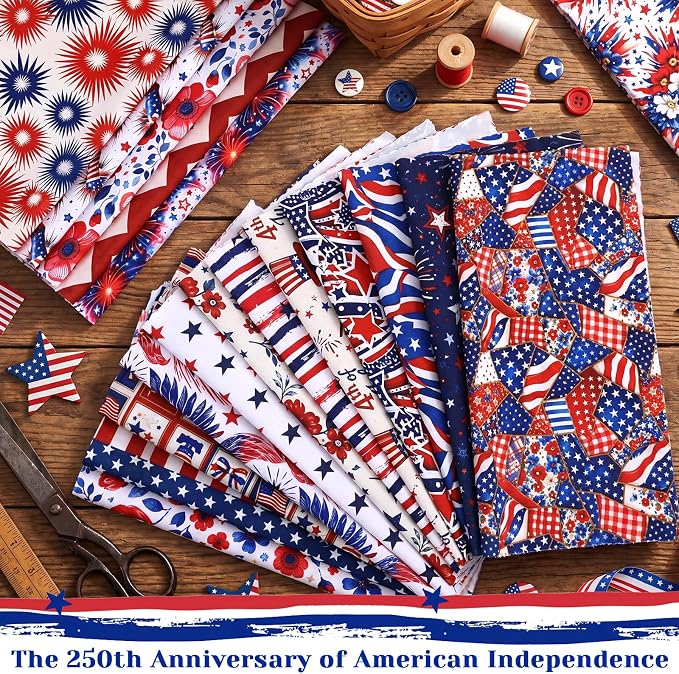 HunnmingRe 20 Pcs 10''x10'' Patriotic Quilting Fabric Square Red White Blue - Image 5