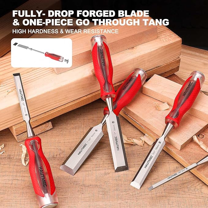 HAUTMEC 5-Piece Wood Chisel Set – High-Impact Drop-Forged CRV Steel, Fully Polished Beveled Edge Blades, Heavy-Duty Strike Cap & Extended Anti-Skid Handle – HT0365