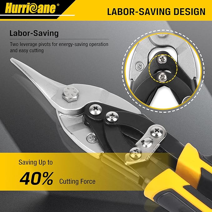 HURRICANE 10 Inch Aviation Tin Snips, Cr-Mo Aviation Snips for Cutting Metal Sheet, Heavy Duty Sheet Metal Cutter Shear, Straight Cut, High Leverage Aviation Snip, Up to 40% Labor Saving