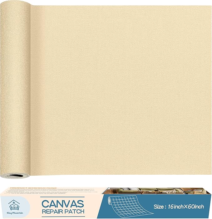 KING MOUNTAIN Canvas Repair Patch 16×60 Inch Self-Adhesive Waterproof Fabric Patch for Sofas, Tents, Furniture,Tote Bags, Car Seats (Beige2.0)